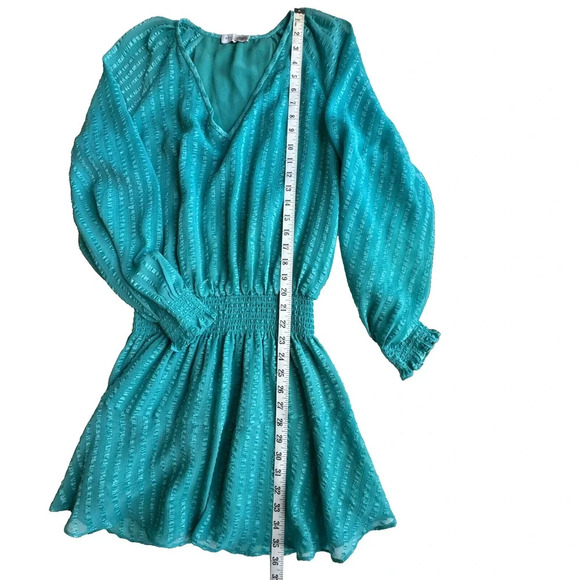 Ramy Brook Textured Mini Smocked Drop Waist Long Sleeve V-neck Dress Teal Size M - Picture 11 of 11